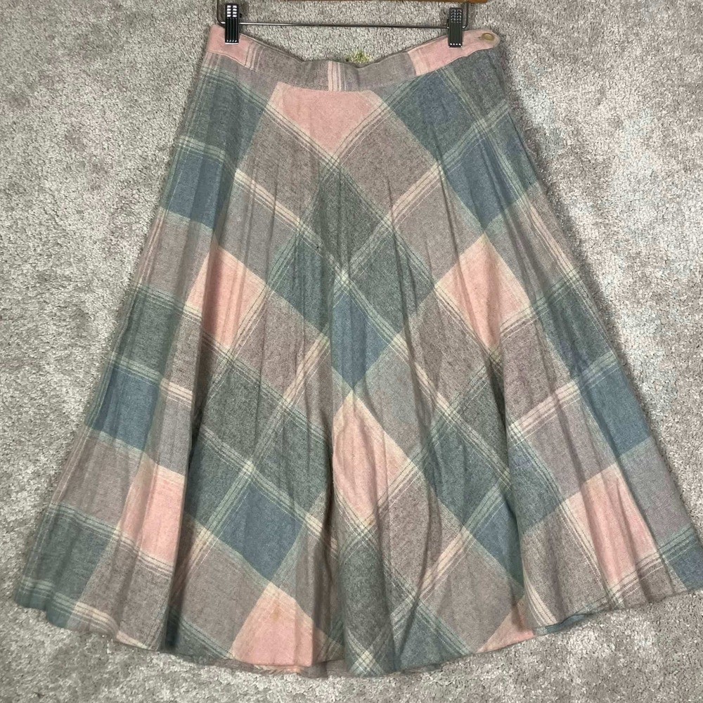 Vintage 80s Plaid Wool Blend Midi Skirt Pink Blue Gray Size 16 Pastel Sweetbriar
